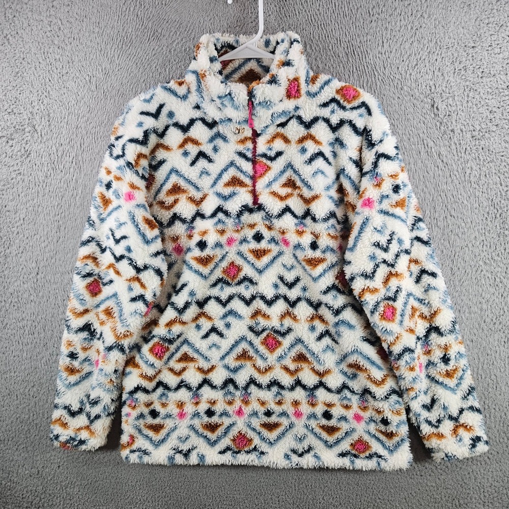 Eddie Bauer Womens Sherpa Fleece Quarter Zip Pullover Southwestern Aztec Print M